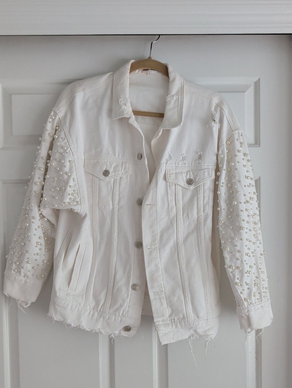 Sunset + Spring White Pearl-Embellished Women's Denim Jacket